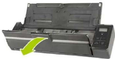 Exterior view of a printer with a green arrow indicating compression (no text or symbols visible)