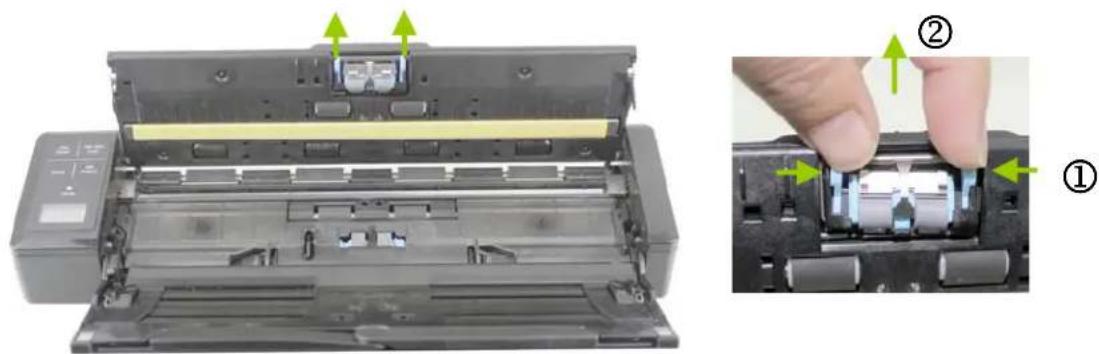 Two-panel image showing a printer's internal structure: one with green arrows indicating assembly or movement, the other showing a hand inserting a component into a black box (no text or symbols visible)