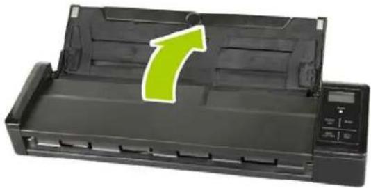 Black printer with green arrow pointing to the front panel, no visible text or symbols on the device itself.