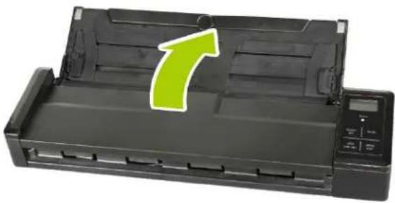 Black printer drawer with a green arrow pointing to the left side (no text or symbols visible)