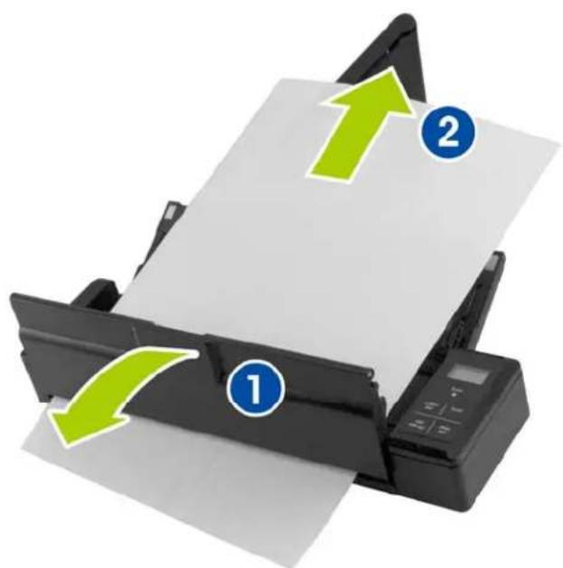 Diagram of a printer with green arrows indicating directional movement, labeled with numbers 1 and 2.