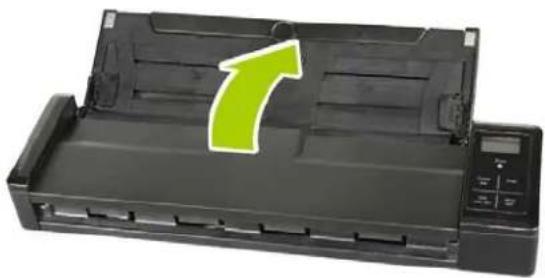 Black printer with green arrow pointing to top-right corner, no visible text or symbols on the device itself