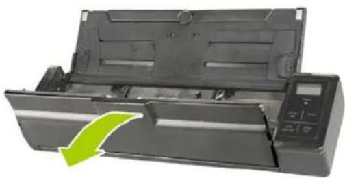 Exterior view of a printer with a green arrow indicating compression (no text or symbols visible)