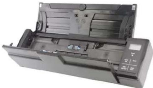 Interior view of a printer drawer showing internal compartments and control panel (no text or symbols visible)
