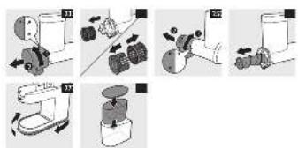 Diagram illustrating mechanical assembly steps with labeled components and directional arrows