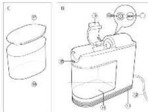 Technical diagram showing two labeled mechanical or laboratory setups (C and B) with components like a cylinder, valve, and tubing.