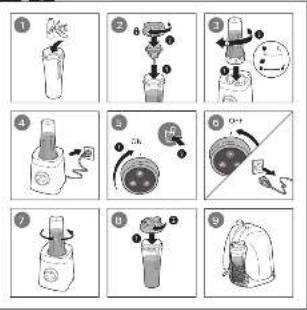 Illustrated step-by-step instructions for a hairdryer, showing steps from washing to cleaning and packaging.