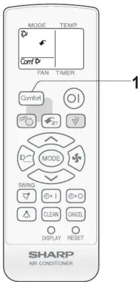 MODE TEMP. Comf FAN TIMER Comfort O1 JET MODE SWING CLEAN CANCEL DISPLAY RESET 1 SHARP AIR CONDITIONER
