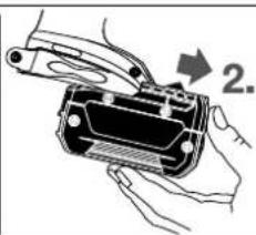 Illustration of hands holding a device with a curved handle and a numbered arrow (no text or symbols)