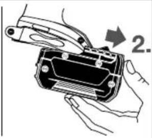 Illustration of hands holding a device with a right-hand arrow indicating step 2 (no text or symbols present)