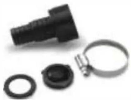 Collection of mechanical components including a black plastic fitting, ring, and two circular washers (no text or symbols visible)