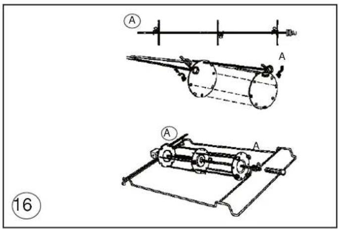 Technical diagram showing three mechanical assembly configurations labeled A, with page number 16 and reference marker.