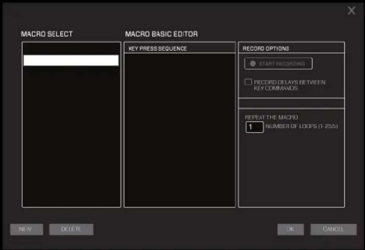 MACRO SELECT MACRO BASIC EDITOR KEY PRESS SEQUENCE RECORD OPTIONS START RECORDING RECORD DELAYS BETWEEN KEY COMMANDS REPEAT THE MACRO 1 NUMBER OF LOOPS (1-255) NEW DELETE OK CANCEL