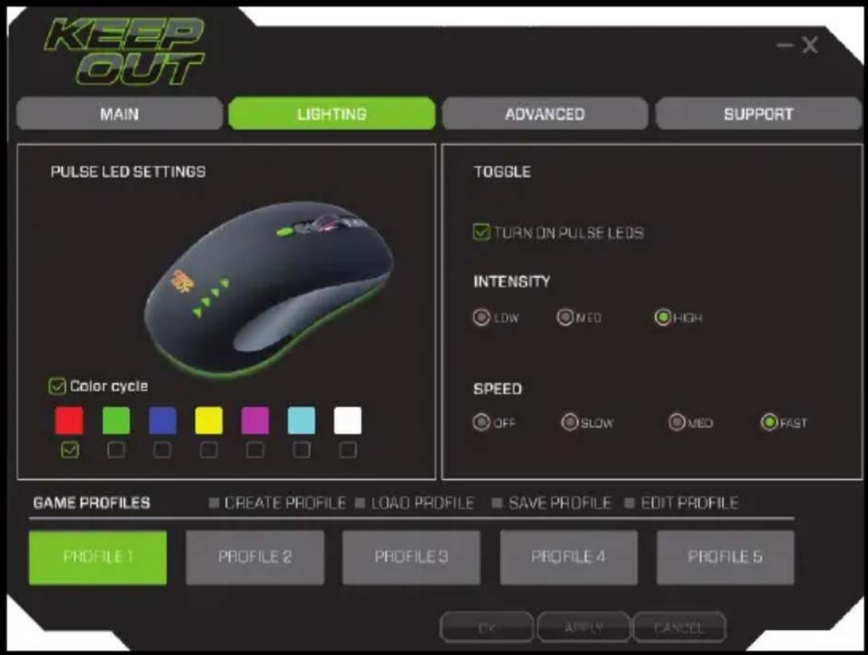 KEEP OUT MAIN LIGHTING ADVANCED SUPPORT PULSE LED SETTINGS TOGGLE TURN ON PULSE LEDs INTENSITY LOW MEO HIGH Color cycle SPEED OFF SLOW MED FAST GAME PROFILES CREATE PROFILE LOAD PROFILE SAVE PROFILE EDIT PROFILE PROFILE 1 PROFILE 2 PROFILE 3 PROFILE 4 PROFILE 5 OK APPLY CANCEL