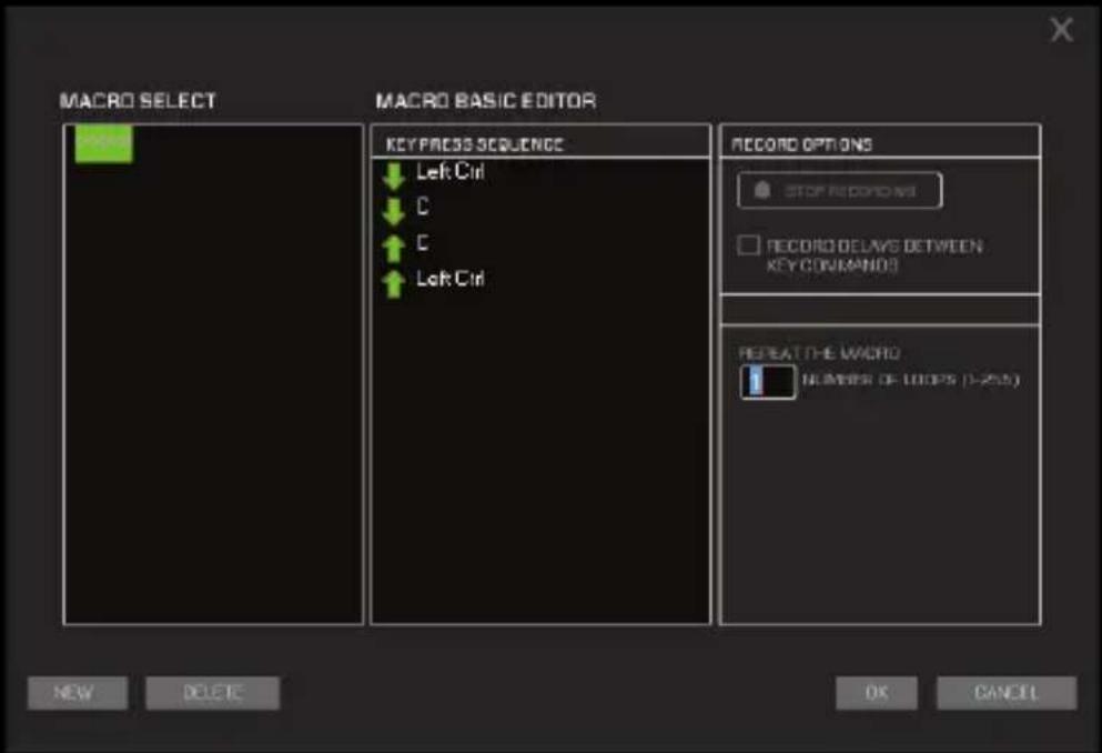MACRO SELECT MACRO BASIC EDITOR KEY PRESS SEQUENCE ↓ Left Ctrl ↓ C ↑ C ↑ Left Ctrl RECORD OPTIONS STOP RECORDS RECORD DELAVE BETWEEN KEY COMMANDS REPEAT THE MACRO NUMBER OF LOOPES (1-250) NEW DELETE OK CANCEL