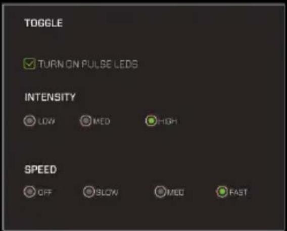 TOGGLE ✓ TURN ON PULSE LEDs INTENSITY LOW MED HIGH SPEED OFF SLOW MED FAST
