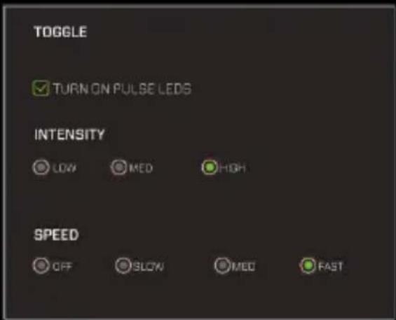 TOGGLE ✓ TURN ON PULSE LEDs INTENSITY LOW MEO HIGH SPEED OFF SLOW MED FAST