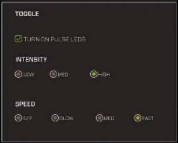 TOGGLE ✓ TURN ON PULSE LEDs INTENSITY LOW MED HIGH SPEED OFF BELOW MED FAST