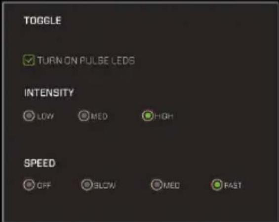 TOGGLE ✓ TURN ON PULSE LEDs INTENSITY ● LOW ● MED ● HIGH SPEED ● OFF ● SLOW ● MED ● FAST