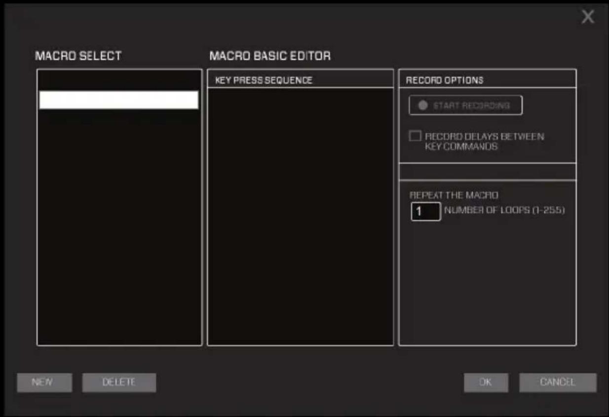 MACRO SELECT MACRO BASIC EDITOR KEY PRESS SEQUENCE RECORD OPTIONS START RECORDING RECORD DELAYS BETWEEN KEY COMMANDS REPEAT THE MACRO 1 NUMBER OF LOOPS (7-255) NEW DELETE OK CANCEL