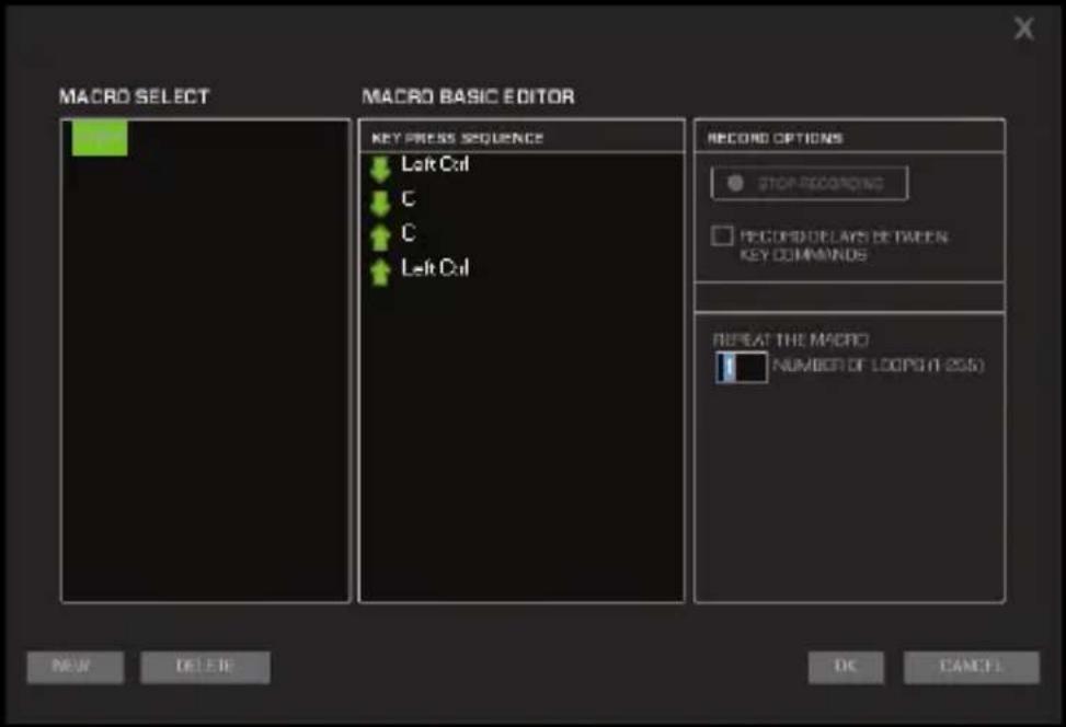 MACRO SELECT MACRO BASIC EDITOR KEY PRESS SEQUENCE ↓Left Col ↓C ↑C ↑Left Col RECORD OPTIONS ● STOP RECOPIRING □ RECORD DELAYS BETWEEN KEY COMMANDS REPEAT THE MACRO ● NUMBER OF LOOPG (1.205) NEW DELETE OK CANCEL