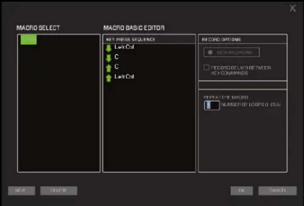 MACRO SELECT MACRO BASIC EDITOR KEY PRESS SEQUENCE ↓ Left Cut ↓ C ↑ C ↓ Left Cut RECORD OPTIONS ● RECOR RECORDING □ RECORD DELAYS BETWEEN KEY COMMANDS PEEAT THE MACRO 1 NUMBER OF LOOP0 (1-255) NEW DELETE OK CANCEL