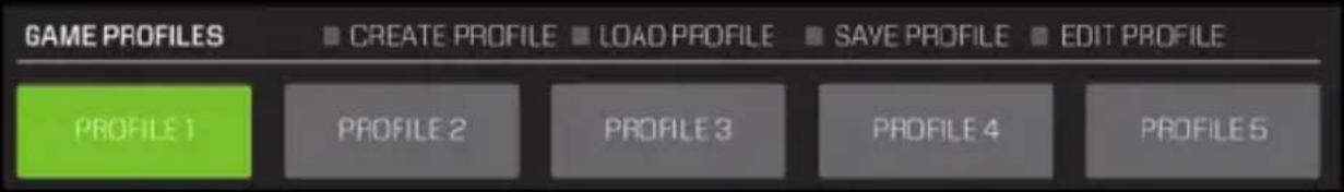 GAME PROFILES CREATE PROFILE LOAD PROFILE SAVE PROFILE EDIT PROFILE PROFILE 1 PROFILE 2 PROFILE 3 PROFILE 4 PROFILE 5