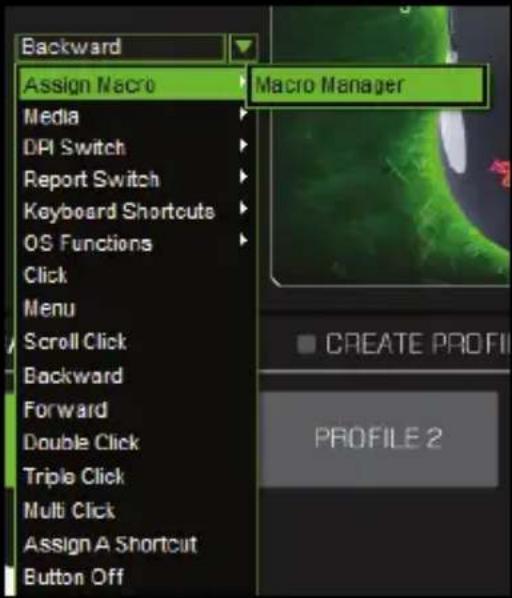 Backward Assign Macro Macro Manager Media DPI Switch Report Switch Keyboard Shortcuts OS Functions Click Menu Scroll Click Backward Forward Double Click Triple Click Multi Click Assign A Shortcut Button Off
