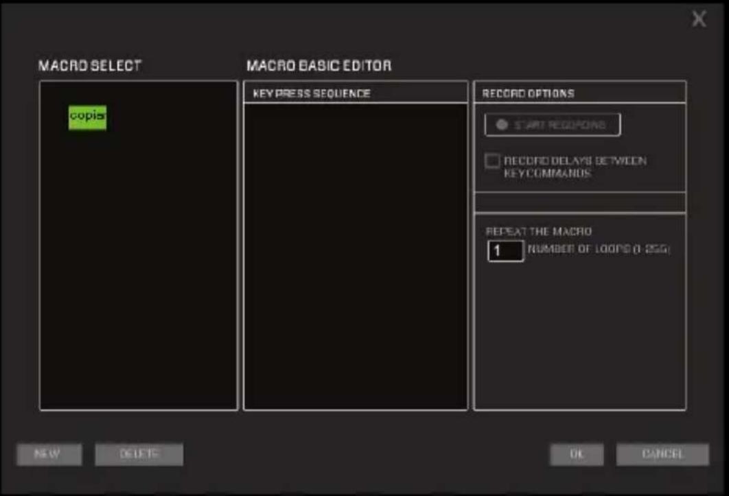 MACRO SELECT MACRO BASIC EDITOR key PRESS SEQUENCE RECORD OPTIONS START RECORDS RECORD DELAYS BETWEEN KEYCOMPANOS REPEAT THE MACRO 1 NUMBER OF LOOP 0 (25G) NEW DELETE OK CANCEL