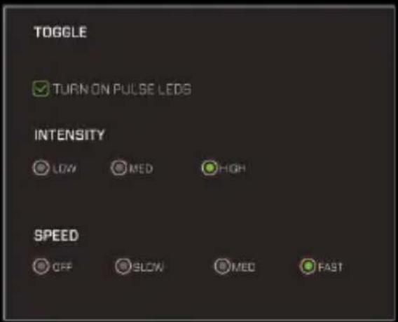 TOGGLE ✓ TURN ON PULSE LEDs INTENSITY LOW MED HIGH SPEED OFF SLOW MED FAST