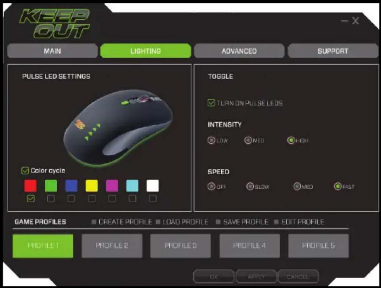 KEEP OUT MAIN LIGHTING ADVANCED SUPPORT PULSE LED SETTINGS TOGGLE TURN ON PULSE LEDs INTENSITY LOW MEO HIGH Color cycle SPEED OFF SLOW MED FAST GAME PROFILES CREATE PROFILE LOAD PROFILE SAVE PROFILE EDIT PROFILE PROFILE 1 PROFILE 2 PROFILE 3 PROFILE 4 PROFILE 5 OK APPLY CANCEL