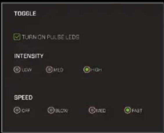 TOGGLE ✓ TURN ON PULSE LEDs INTENSITY LOW MED HIGH SPEED OFF BLOW MED FAST