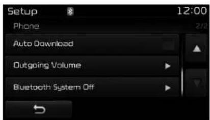 Setup 12:00 Phone Auto Download Outgoing Volume Bluetooth System Off