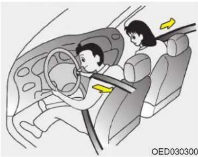 Illustration of a car interior showing two people seated, one steering wheel and the other standing, with yellow arrows indicating seatbelt direction (no text or symbols)