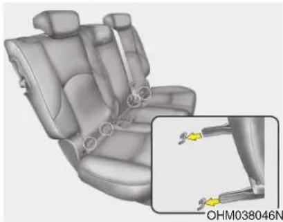 3D rendering of a car seat with attached belt rings and a close-up inset showing a yellow connector (no text or symbols)