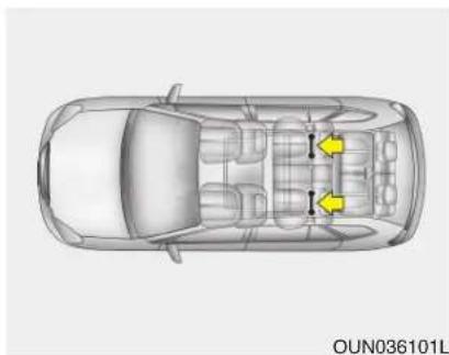 Top-down schematic of a car showing interior compartments with two yellow arrows indicating specific areas (no text or symbols present)