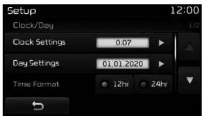 Setup 12:00 Clock/Day Clock Settings 0:07 Day Settings 01.01.2020 Time Format 12hr 24hr