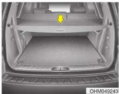 Top-down view of a car trunk with visible roof and side compartments, marked with a yellow arrow pointing to the front panel (no text or symbols on the main body)