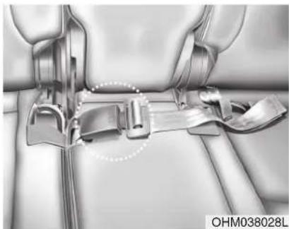 Close-up of a car seatbelt assembly with mounting brackets and a dotted line indicating a detail (no text or symbols)