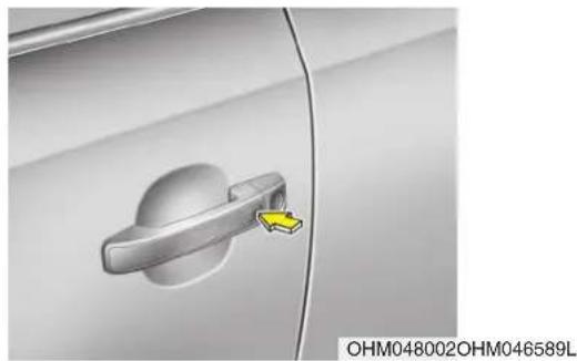 Close-up of a car door handle with a yellow arrow pointing to the handle area (no text or symbols visible)