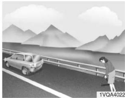 Black-and-white illustration of a person standing beside a car on a highway with mountains in the background (no text or symbols)
