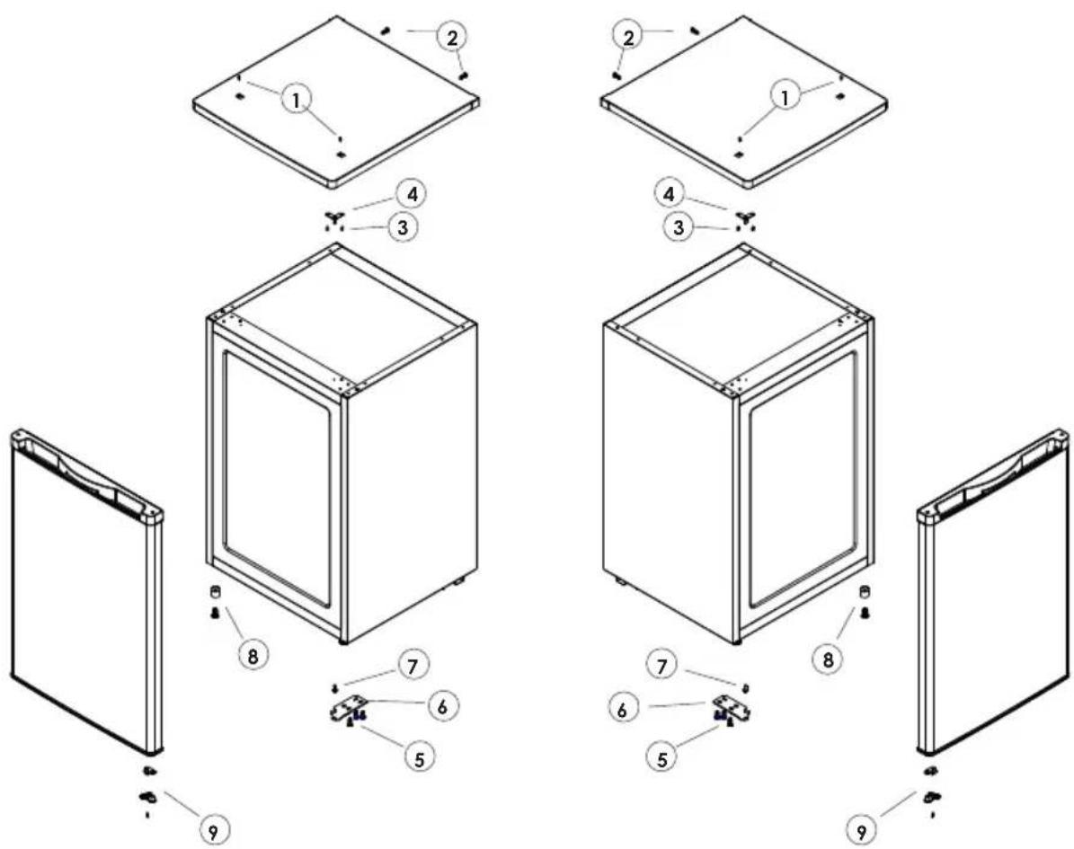Technical diagram showing exploded view of a multi-panel device with numbered components and assembly steps