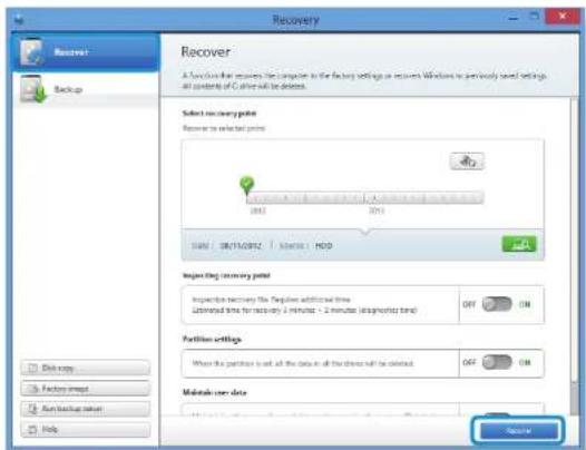 Recovery A function that requires the computer to install Windows to partially save settings, all versions of C drive will be deleted. Select recovery point Recovery to selected points START / OR/10/2012 / START / HCD Register key recovery point Inspecting recovery if the required additional time <|vision_start|> slower than 3 minutes - 2 minutes (diagonal line) OFF ON Partition settings Where the partition is set all the data in all the three will be deleted. OFF ON Mobile user data OK Data copy Factors import Run backup return Help
