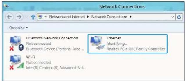 Network Connections Organize Bluetooth Network Connection Not connected Bluetooth Device (Personal Area ... Wi-Fi Not connected Intel(R) Centrino(R) Advanced-N 6... Ethernet Identifying... Realtek PCIe GBC Family Controller