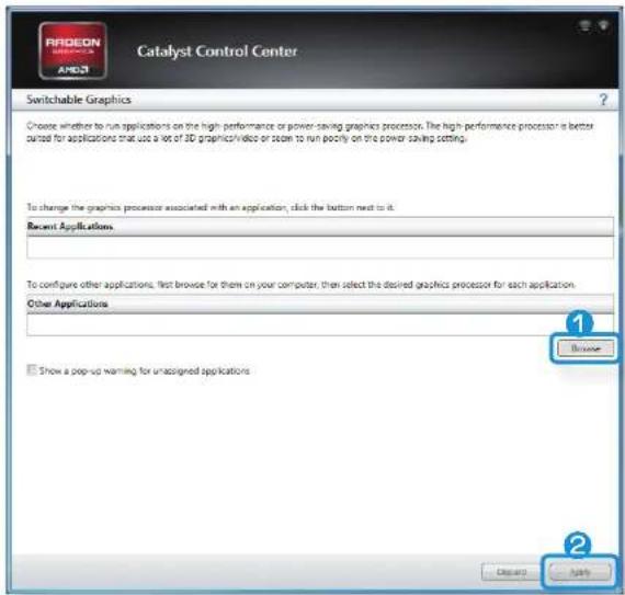 Catalyst Control Center Switchable Graphics Choose whether to run applications on the high performance or power saving graphics processor. The high performance processor is better suited for applications that use a lot of 3D graphics/video or zoom to run poorly on the power saving setting. To change the graphics processor associated with an application, click the button next to it. Recent Applications To configure other applications, first browse for them on your computer, then select the desired graphics processor for each application. Other Applications Browse Show a pop-up warning for unassigned applications Browse Apply