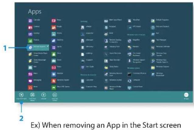 Apps 1 2 Ex) When removing an App in the Start screen