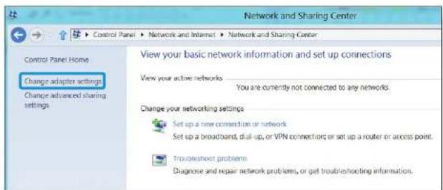 Network and Sharing Center Control Panel Home Change adapter settings Change advanced sharing settings. View your basic network information and set up connections View your active networks You are currently not connected to any networks. Change your networking settings Set up a new connection or network Set up a broadband, dial-up, or VPN connections or set up a router or access point. Troubleshoot problems Diagnose and repair network problems, or get troubleshooting information.
