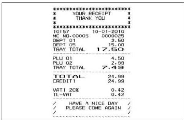 ****************** * YOUR RECEIPT * * THANK YOU * * ¥ ****************** 10:57 10-01-2010 MC NO.00005 0000025 DEPT 01 2.50 DEPT 05 15.00 TRAY TOTAL 17.50 PLU 01 4.50 PLU 02 2.99 TRAY TOTAL 7.49 TOTAL 24.99 CREDIT1 24.99 VATI 20% 0.42 TL-VAT 0.42 / HAVE A NICE DAY / / PLEASE COME AGAIN / /