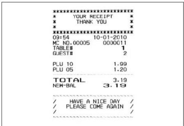 ****************** * YOUR RECEIPT * * THANK YOU * * * ****************** 09:54 10-01-2010 MC NO.00005 0000011 TABLE# 1 GUEST# 2 PLU 10 1.99 PLU 05 1.20 TOTAL 3.19 NEW-BAL 3.19 / HAVE A NICE DAY / / PLEASE COME AGAIN / /