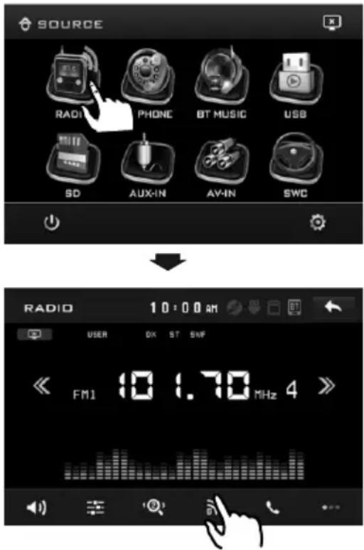 SOURCE RADIO PHONE BT MUSIC USB SD AUX-IN AV-IN SWC RADIO 10:00 AM USER OK ST SWF FM1 10.1.70 MHz 4